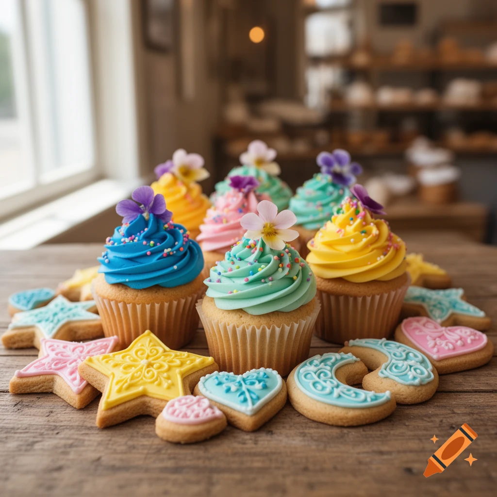 Colorful cupcakes with vibrant frosting and sprinkles, surrounded by intricately decorated cookies on a wooden table in a bakery setting.