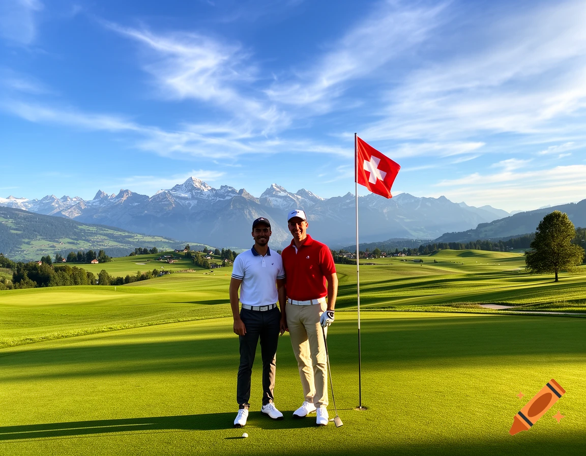 Two men pose on a lush green golf course next to a Swiss flag, with majestic snow-capped mountains and a blue sky in the background.
