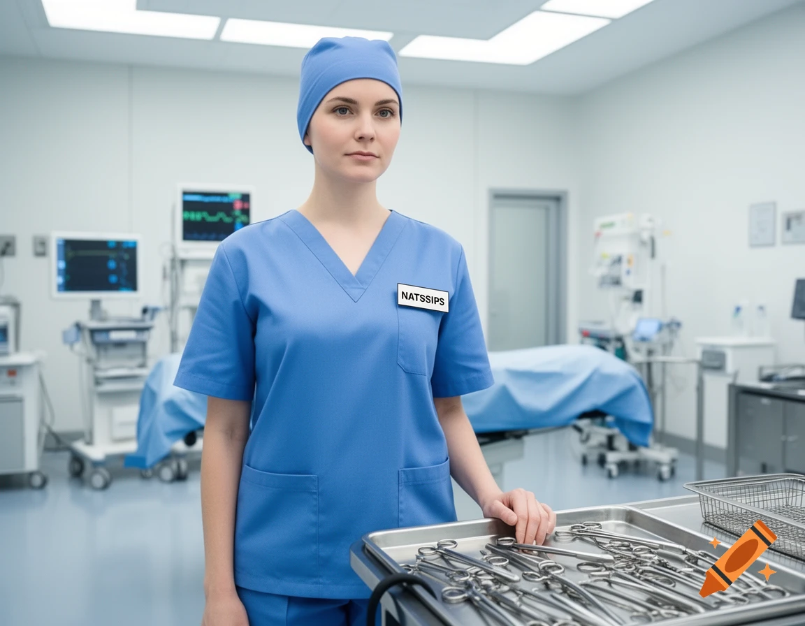 A female nurse in blue scrubs and cap stands in an operating room, hand on a tray of surgical instruments. Photorealistic.