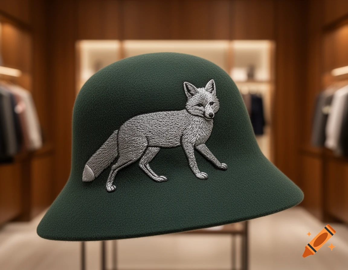 A dark green felt hat with a detailed silver-grey embroidered fox on the front, set in a blurred retail store.