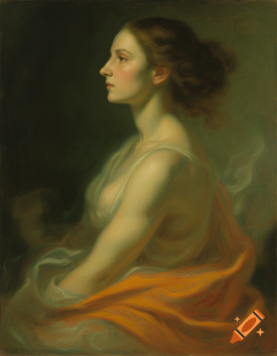 Classical painting of a woman in profile, draped in white and orange fabric against a dark background.