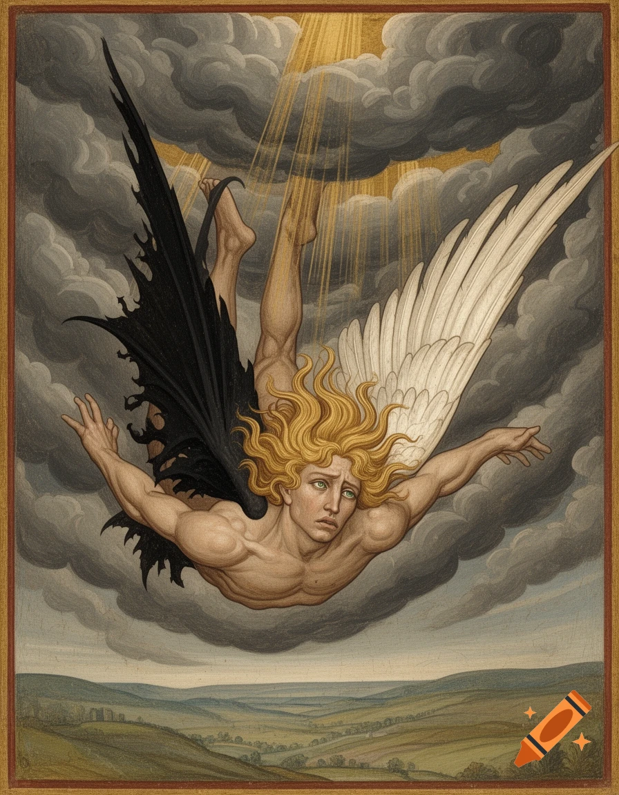 A medieval painting of a blond male fallen angel with one black and one white wing falling through stormy clouds into a green landscape.