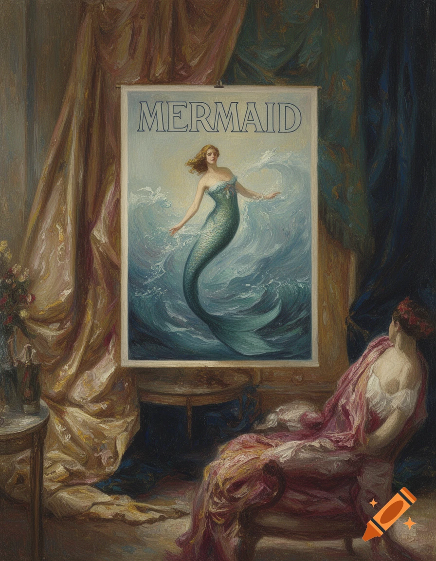 An oil painting of a woman in a draped gown observing a poster of a mermaid in crashing waves, in a richly textured room.