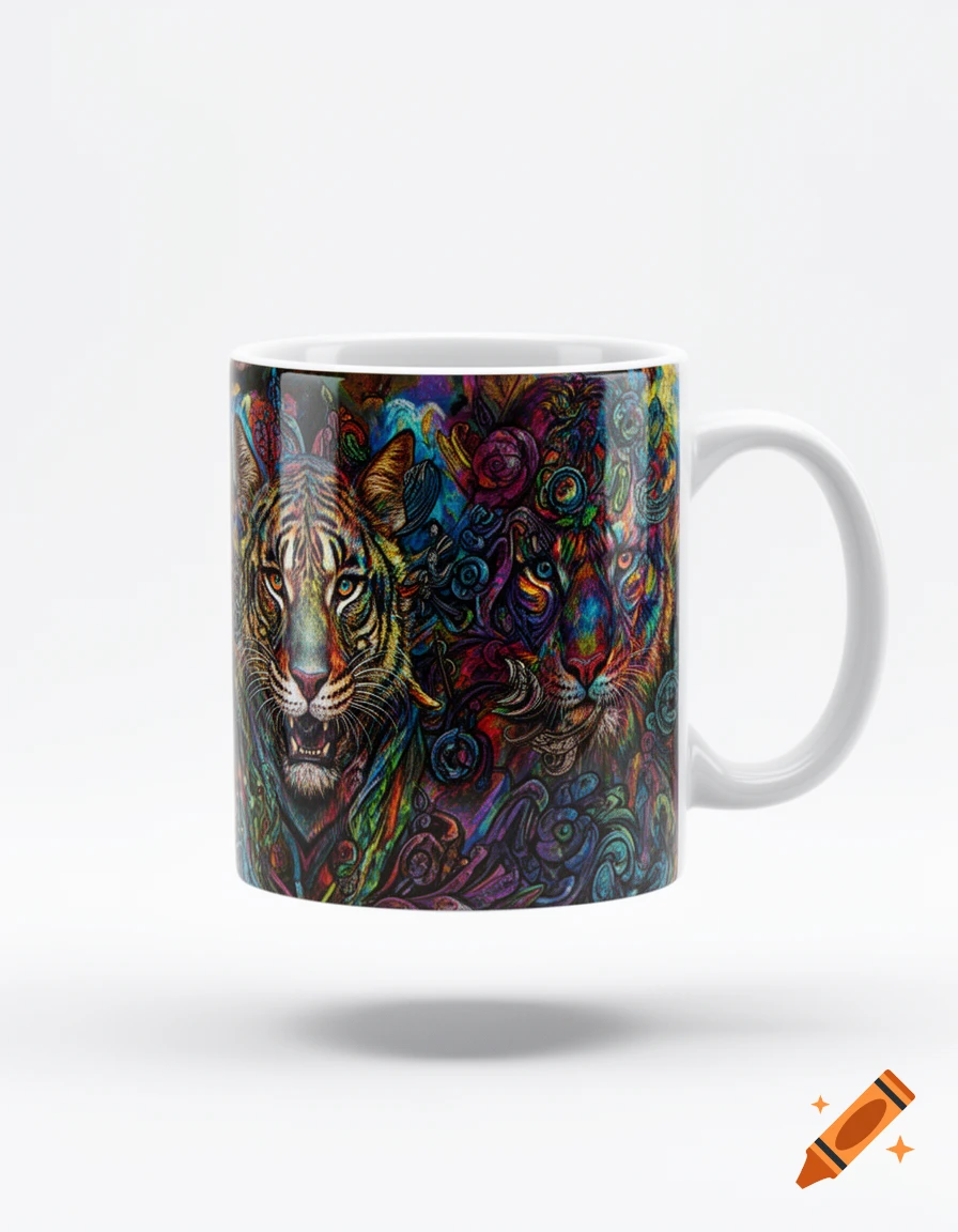 A white mug featuring a vibrant, abstract, psychedelic art design of two tiger faces, set against a plain white background.