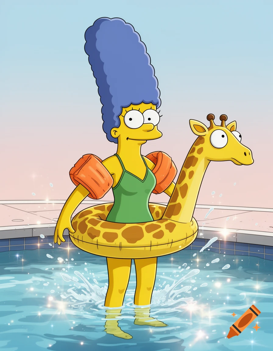 Marge Simpson in a green swimsuit, orange water wings, and a giraffe inner tube, standing in a swimming pool.