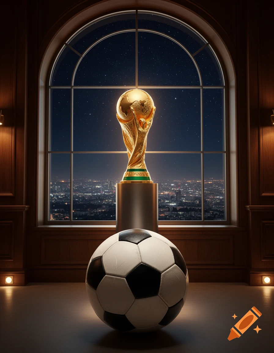 A golden World Cup trophy stands on a pedestal in front of an arched window looking out at a city at night, with a soccer ball in the foreground.