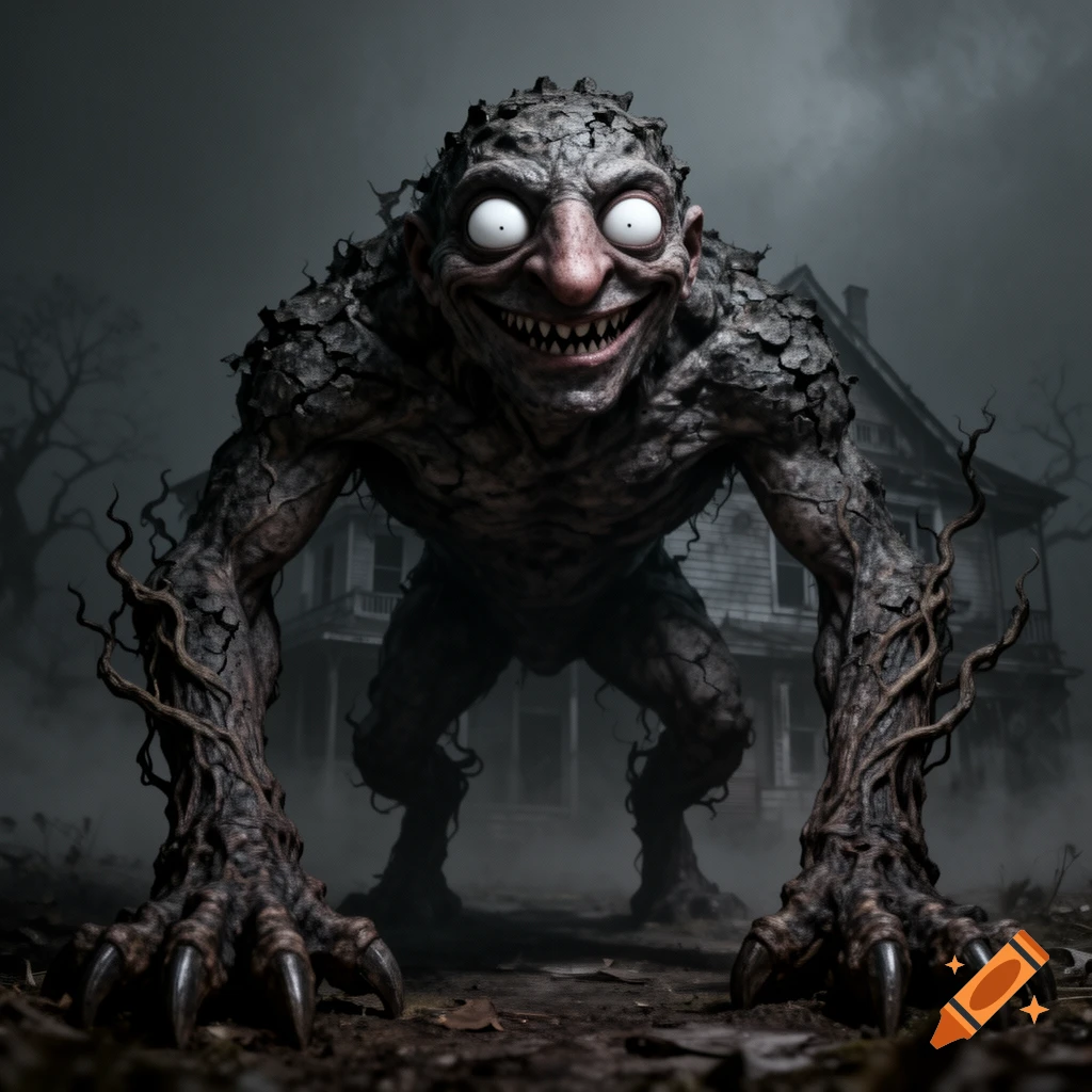 A grotesque, crouching monster with huge white eyes, a big nose, and a wide, toothy grin stands in front of a dark, eerie house in a foggy, foreboding landscape.