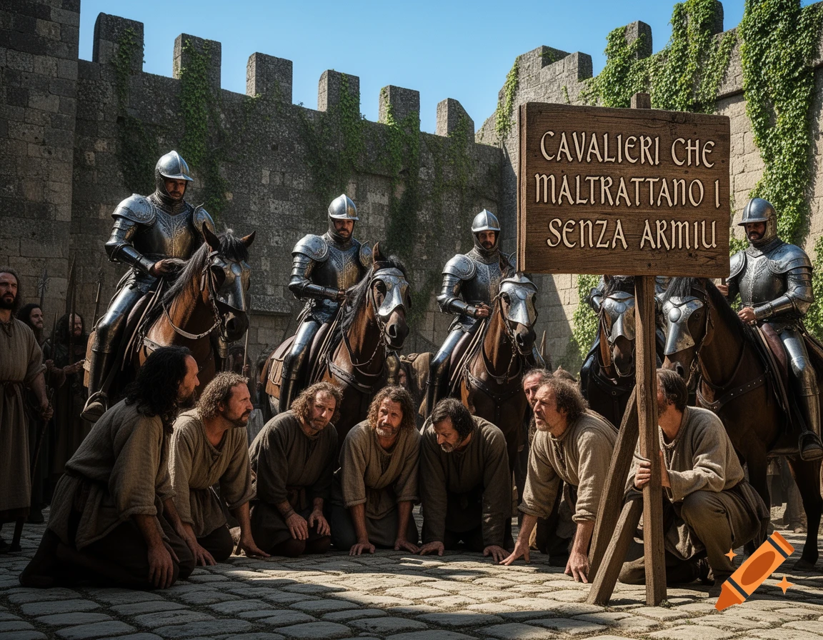 Armored knights on horseback observe a group of kneeling, unarmed men before a castle wall, with a prominent wooden sign in the foreground.