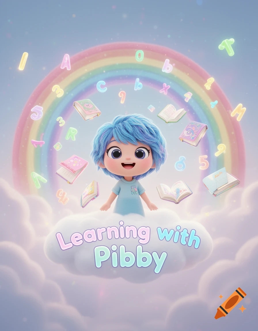 A cute, blue-haired cartoon character, Pibby, stands on a cloud under a rainbow with floating letters, numbers, and books. The text "Learning with Pibby" is written on the cloud.