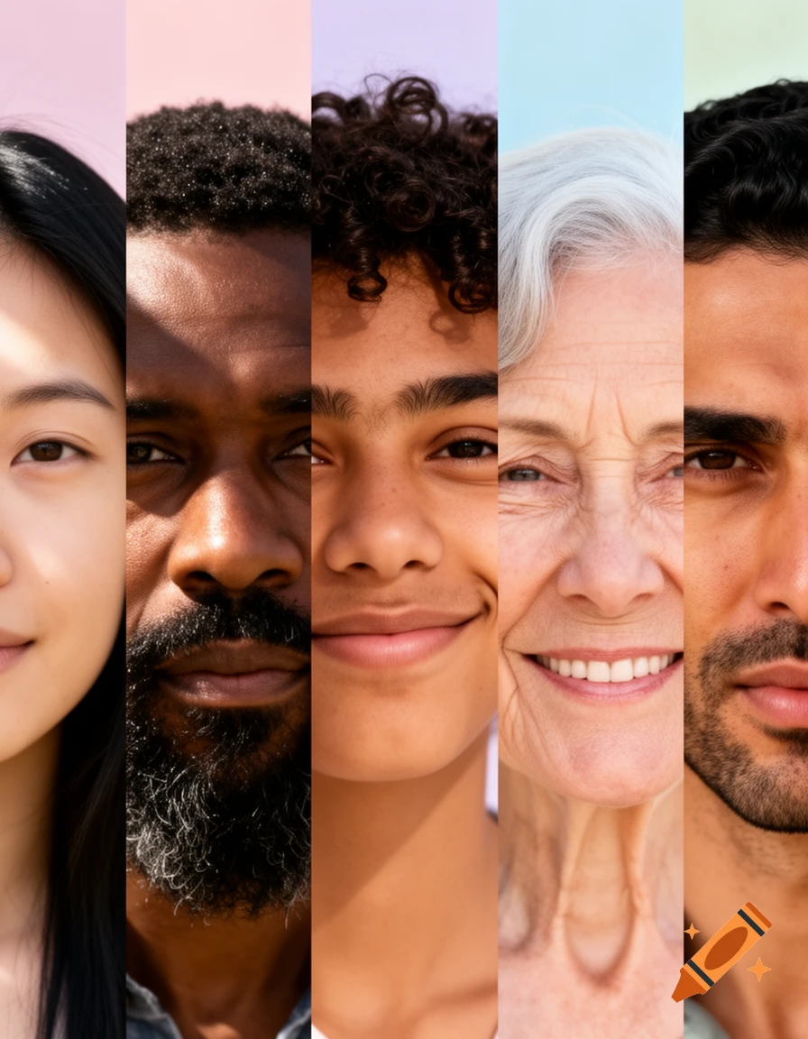 A vertical collage of five diverse human faces, showing different ages and ethnicities.
