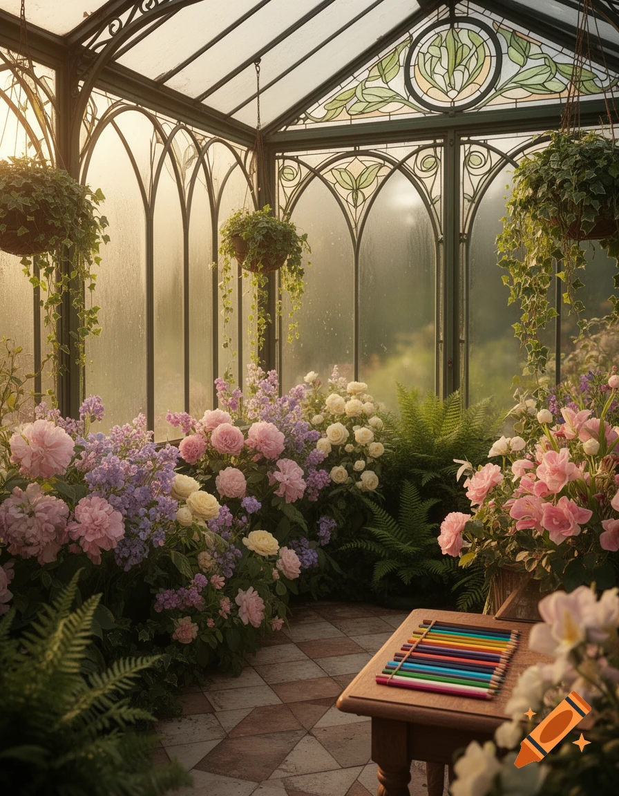 An ornate Art Nouveau greenhouse filled with lush pink, purple, and white flowers, with a table holding colored pencils.