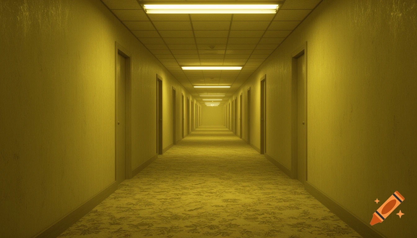 A long, empty, mono yellow hallway with fluorescent lights, patterned carpet, and many doors, in the style of the Backrooms.