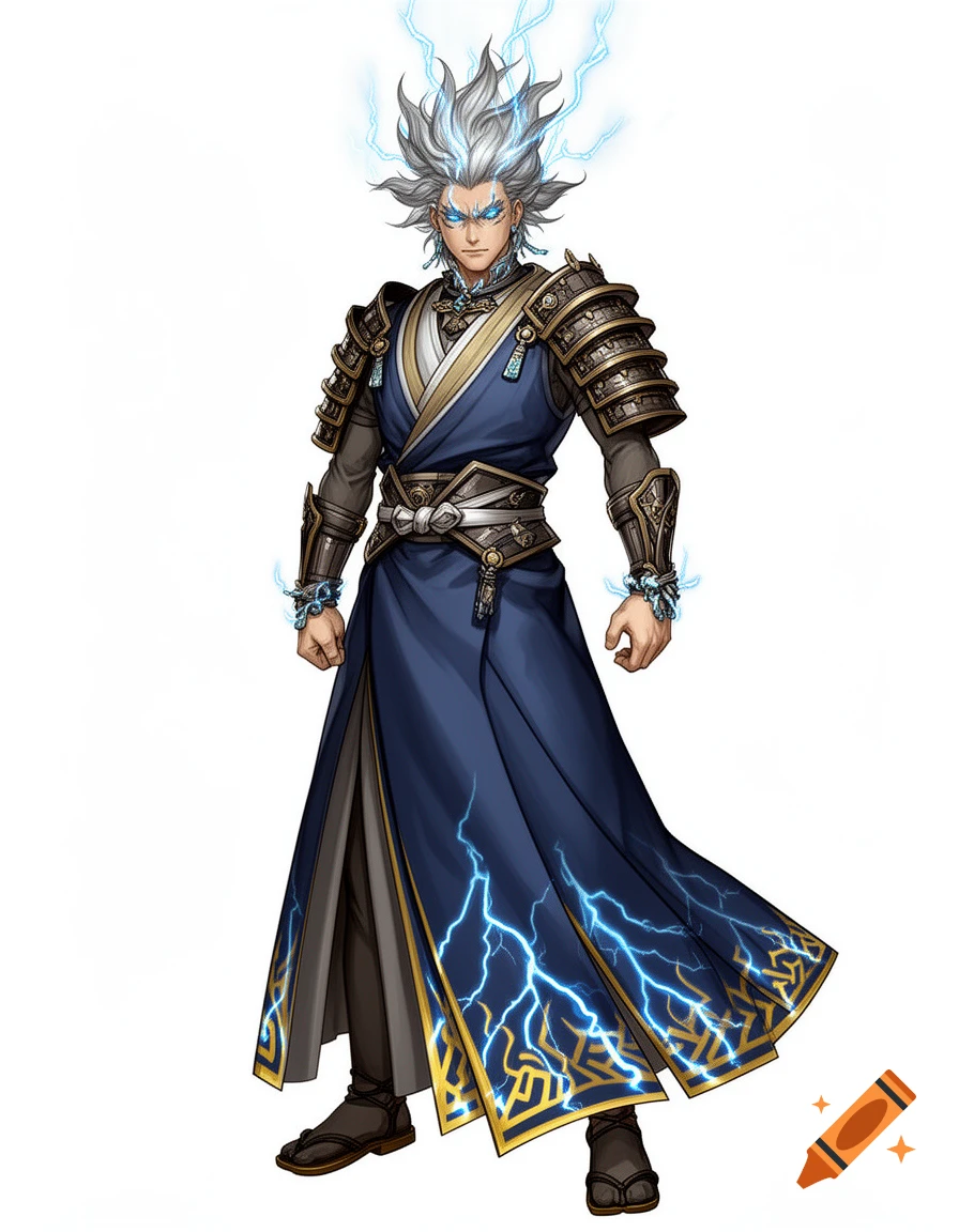 Anime character art of a male figure with spiky white hair and lightning, wearing a dark blue samurai-style robe with lightning patterns.