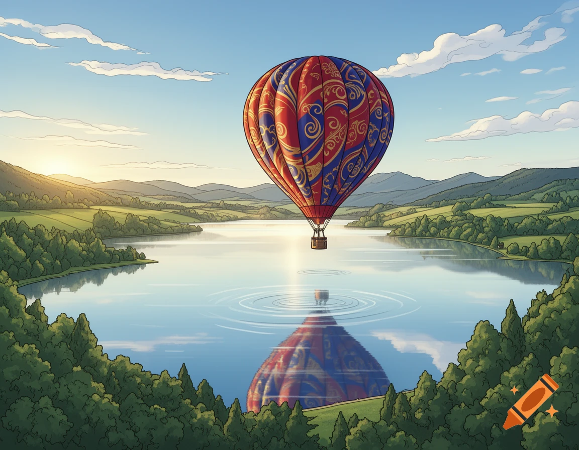 A colorful, patterned hot air balloon floats over a reflective lake surrounded by green hills and mountains under a bright sky, in an illustrative style.