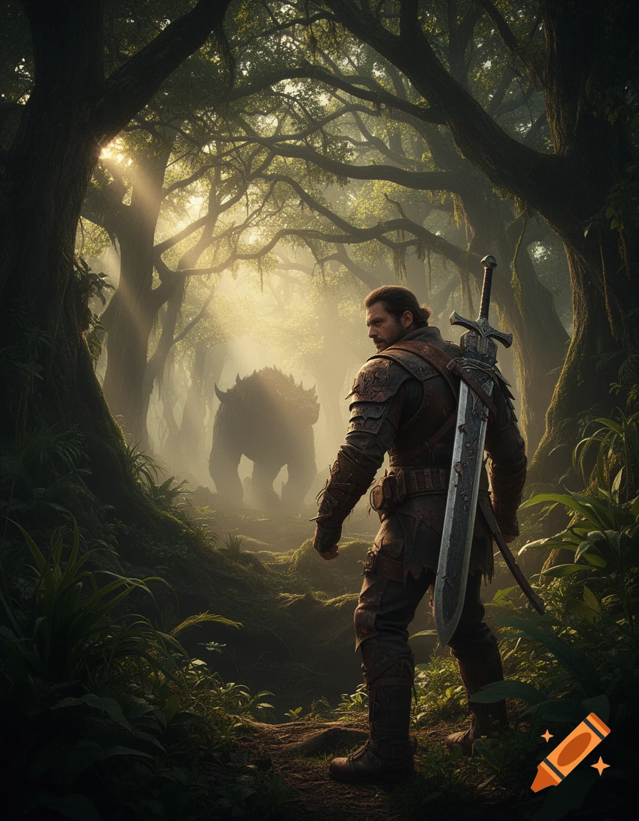 A fantasy warrior in leather armor with a large sword confronts a shadowed monster in a misty, sunlit jungle.