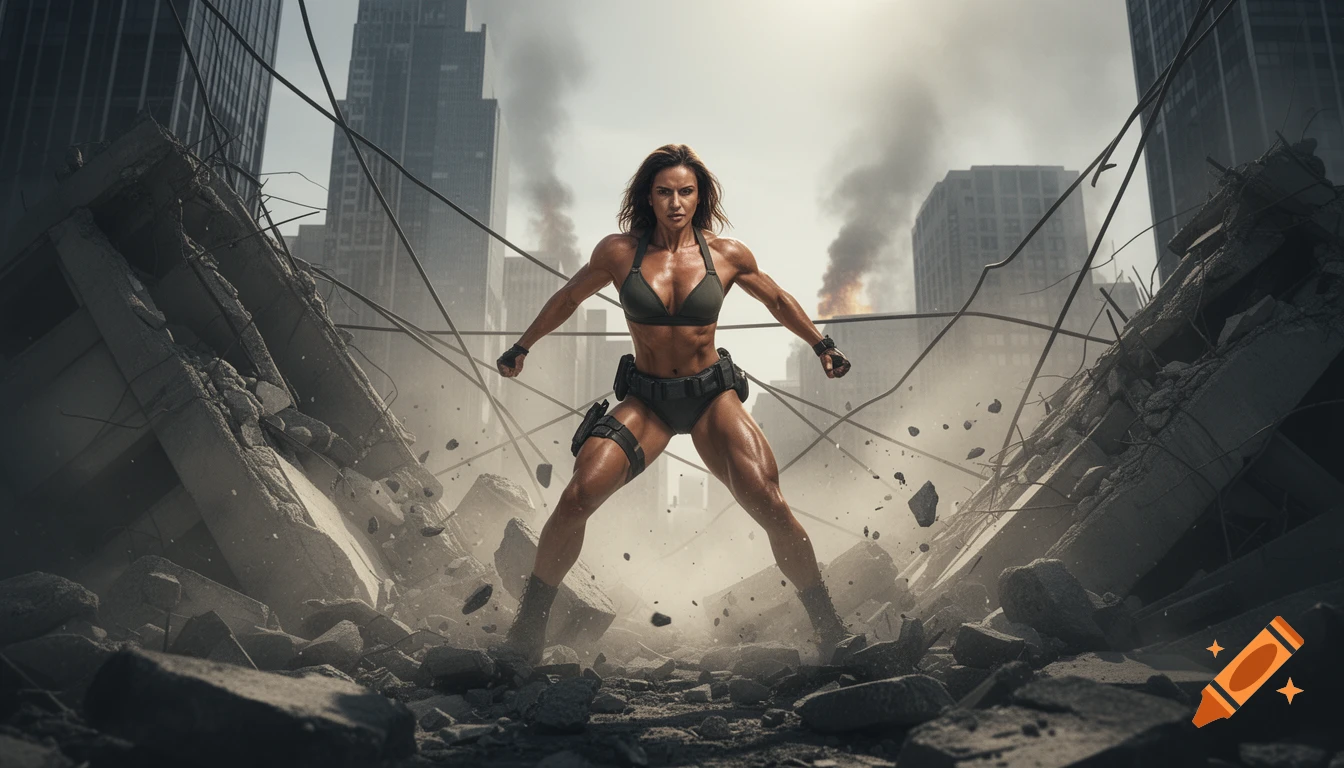 A muscular woman in a sports bra and tactical gear stands defiantly amidst a destroyed city, smoke rising in the background.