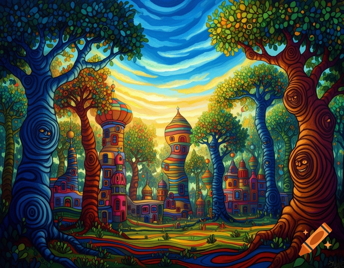 A vibrant, imaginative landscape with colorful, face-like trees and whimsical Hundertwasser-style buildings under a bright sky.
