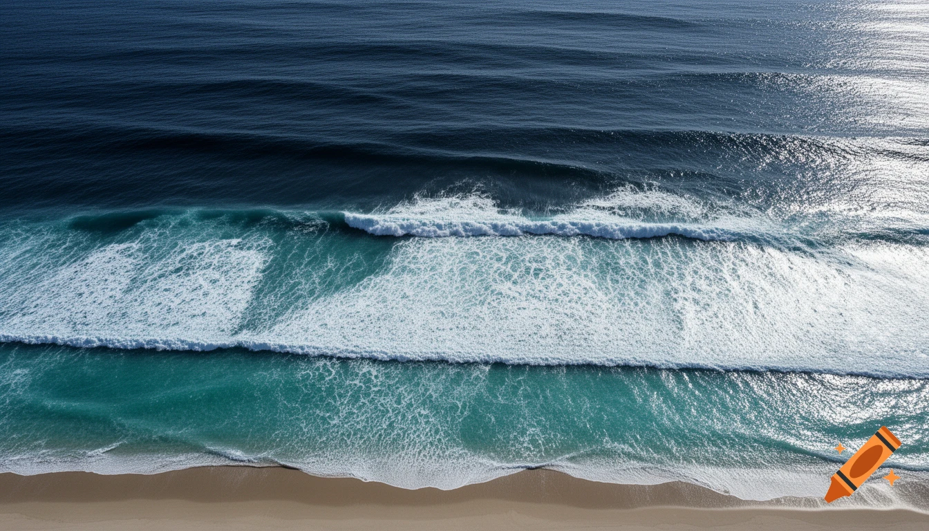 Aerial view of powerful turquoise and deep blue ocean waves crashing ...