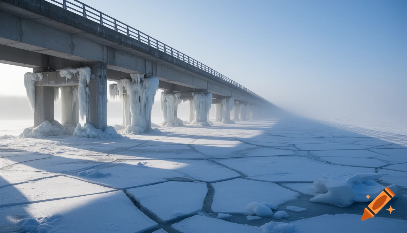 A concrete bridge with heavy ice formations on its pillars extends over ...