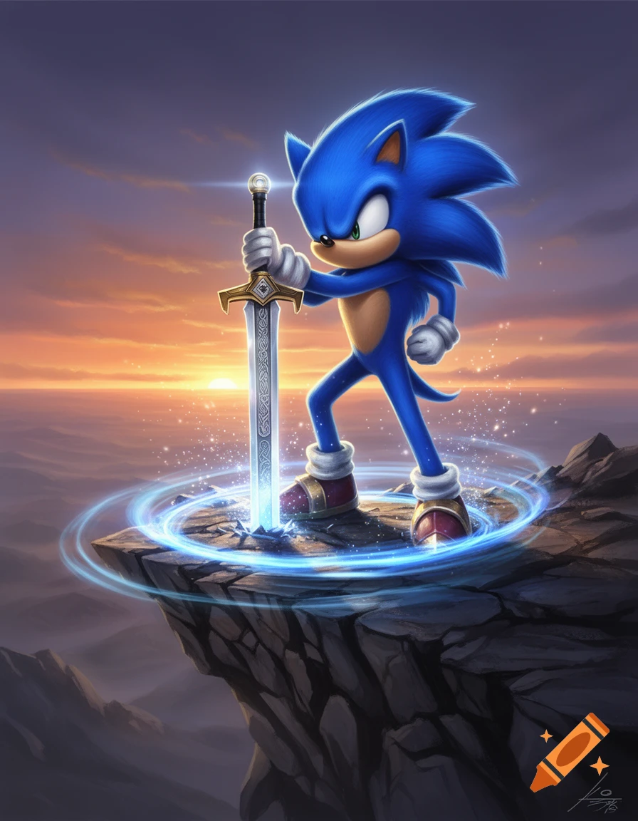 Sonic the Hedgehog stands on a rocky cliff at sunset, holding a glowing magical sword surrounded by blue energy rings.