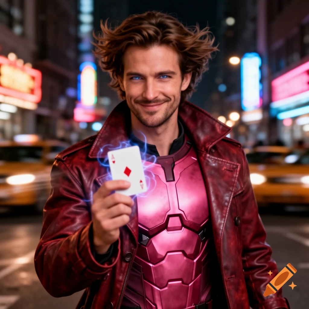A smiling man with glowing blue eyes, wearing a red leather coat and pink armor, holds a glowing Ace of Diamonds playing card in a bustling city street at night.