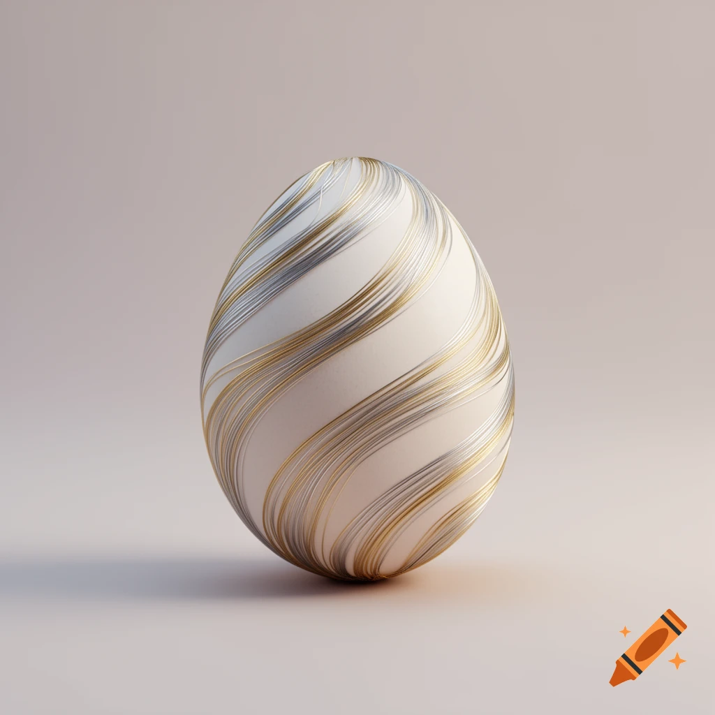 A white egg decorated with metallic gold and silver swirling lines on a light background.