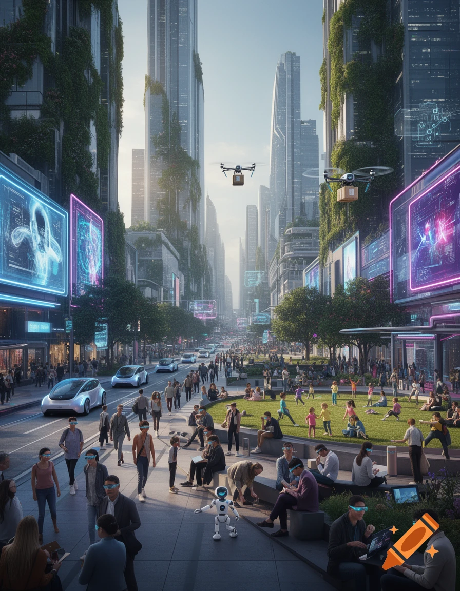 A busy futuristic city street with tall green buildings, people, self-driving cars, and delivery drones. People wear AR glasses, and a robot is on the sidewalk.