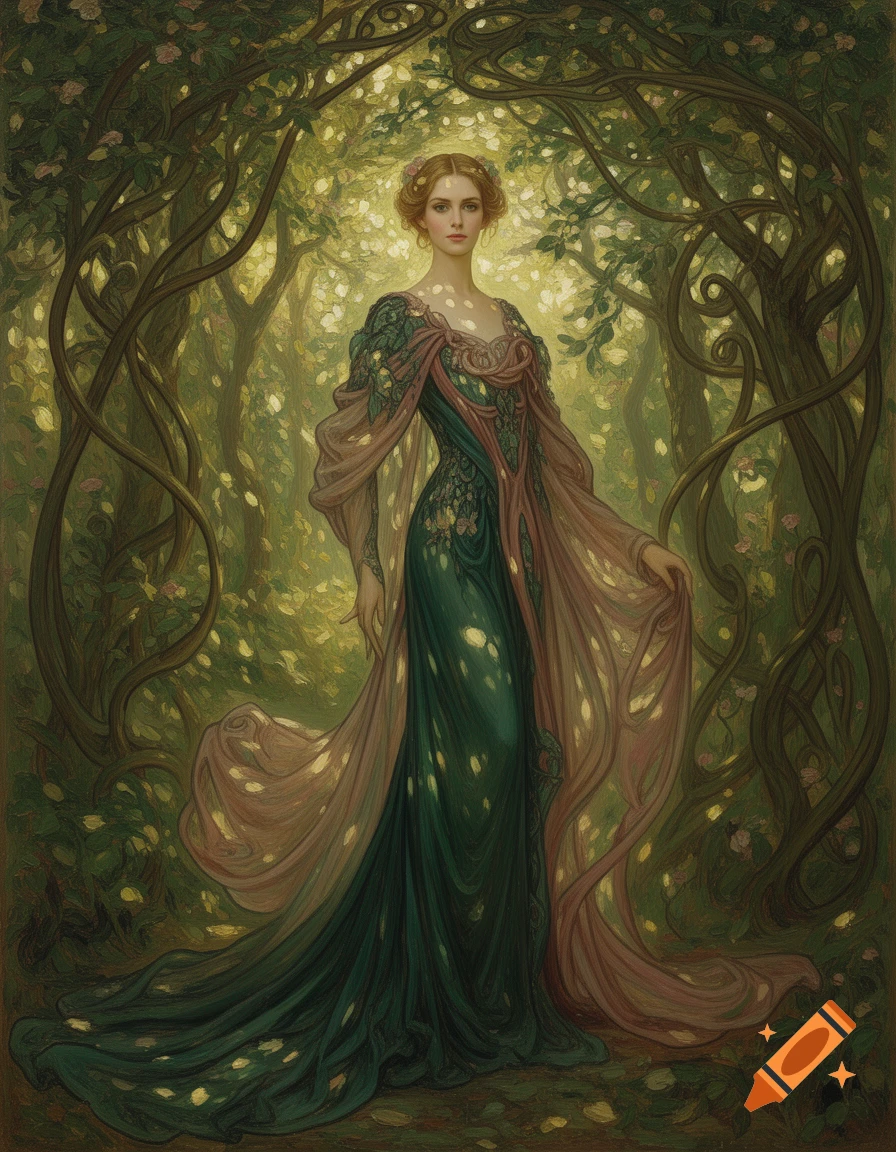 An Art Nouveau oil painting of a woman in an elegant green and pink gown standing in a sunlit forest.