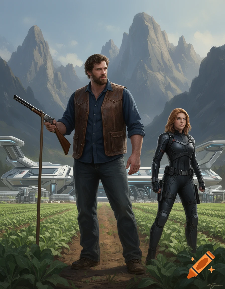 A bearded man in a vest holding a rifle and a woman in black tactical gear stand in a high-tech farm field with mountains behind them.
