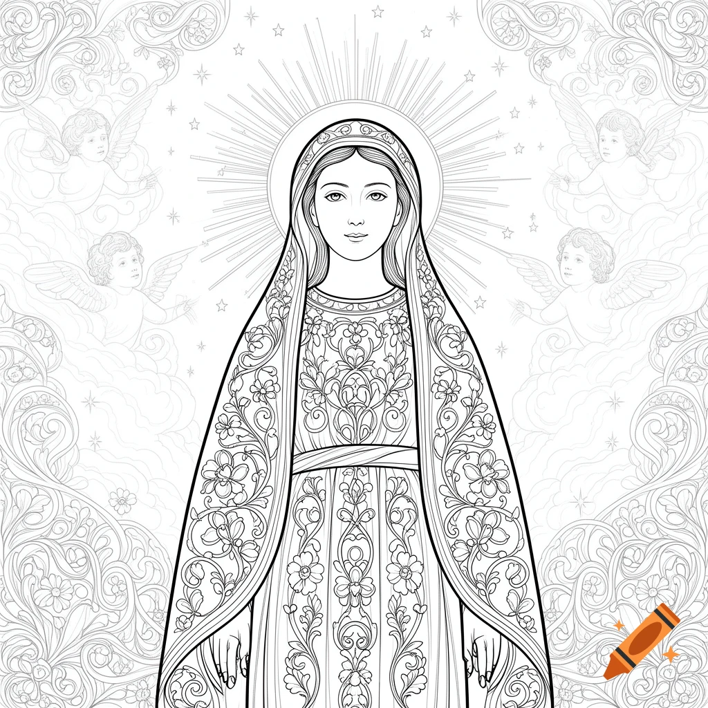 Line art coloring page of Virgin Mary with a halo, ornate robe, and cherubs in the background.