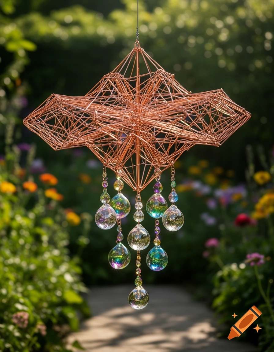 A decorative copper wire wind catcher with iridescent glass beads hangs in a sunny green garden.