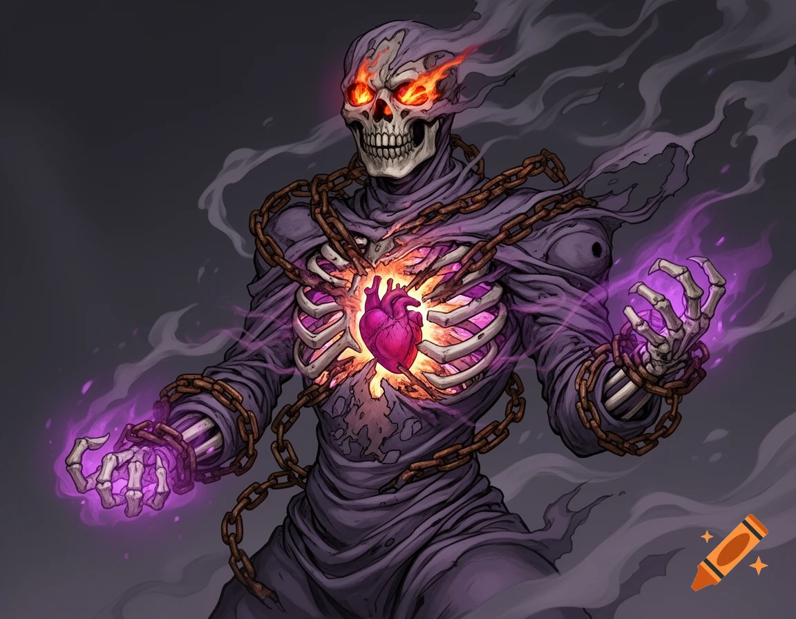 A skeletal figure with fiery eyes and purple glowing hands, wrapped in shrouds and chains, displaying a glowing heart in its open ribcage.