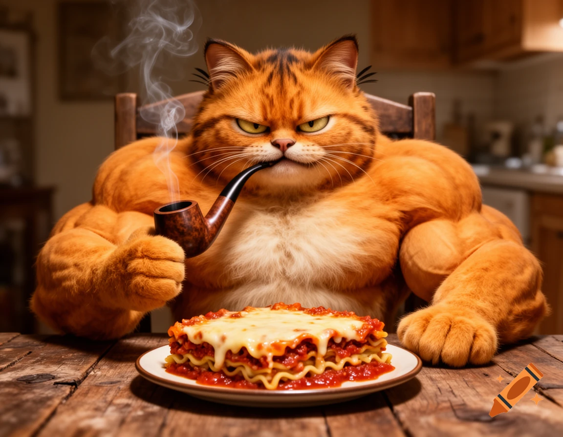 A muscular, humanoid Garfield with a pipe in his mouth, looking menacingly at a plate of lasagna on a wooden table.