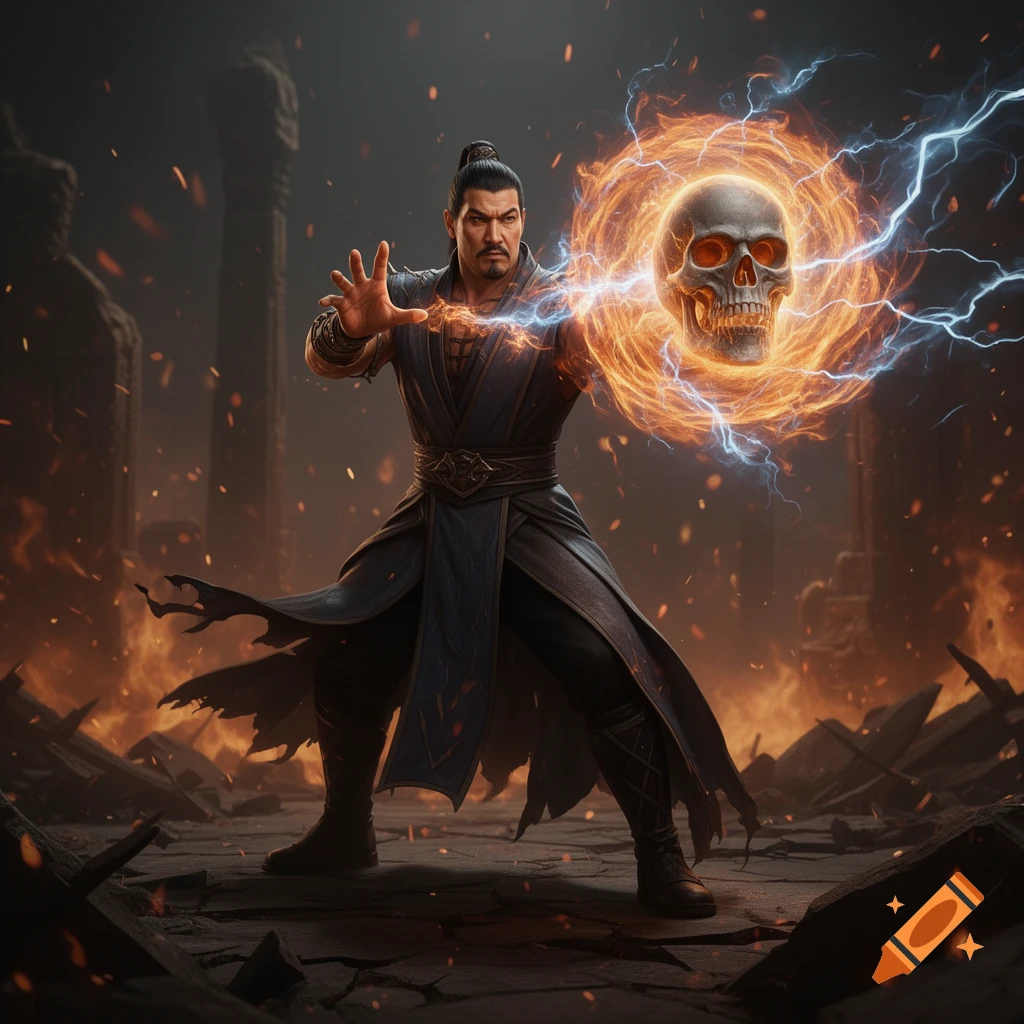 A sorcerer in dark robes conjures a fiery skull with lightning in a ruined, burning landscape, digital art.