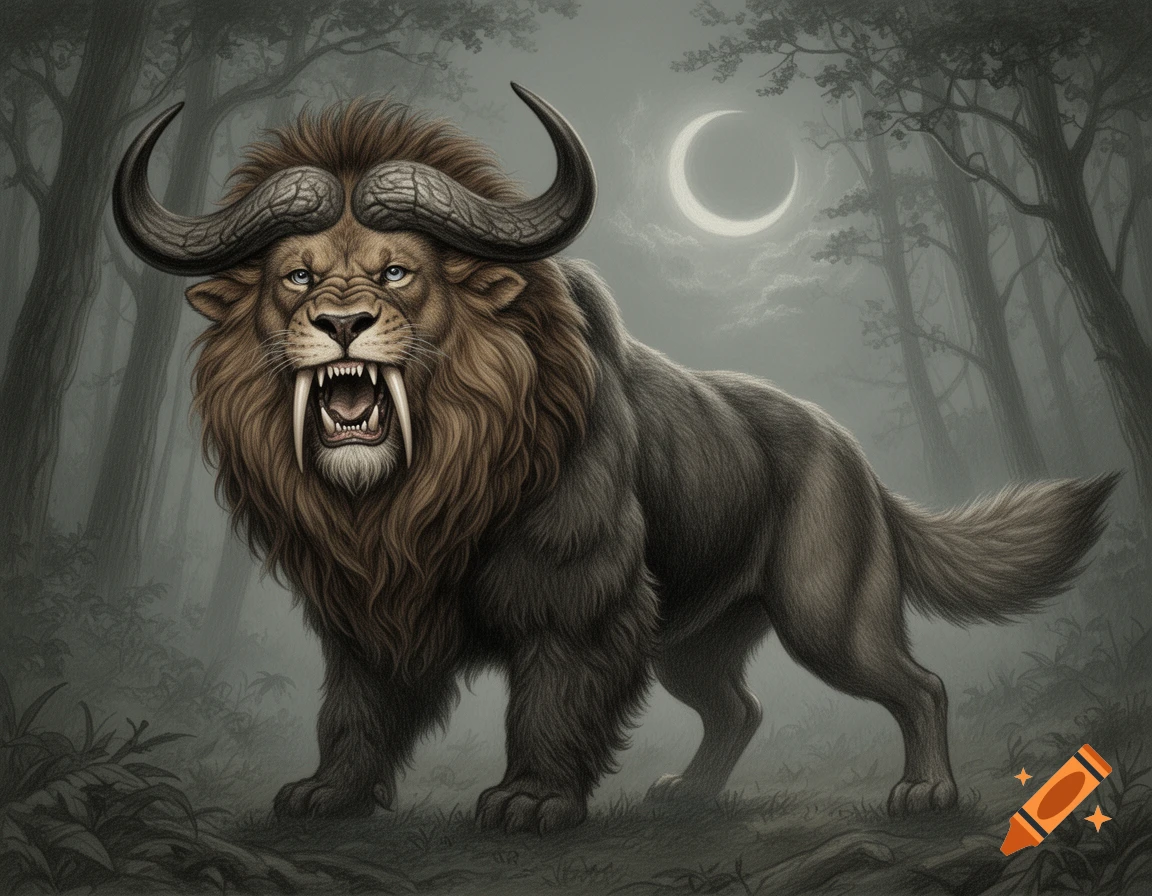 Fierce hybrid creature with buffalo horns, a lion's mane and fangs, a bear-like body, and wolf-like hindquarters in a dark forest under a crescent moon, drawn in an illustrative style.