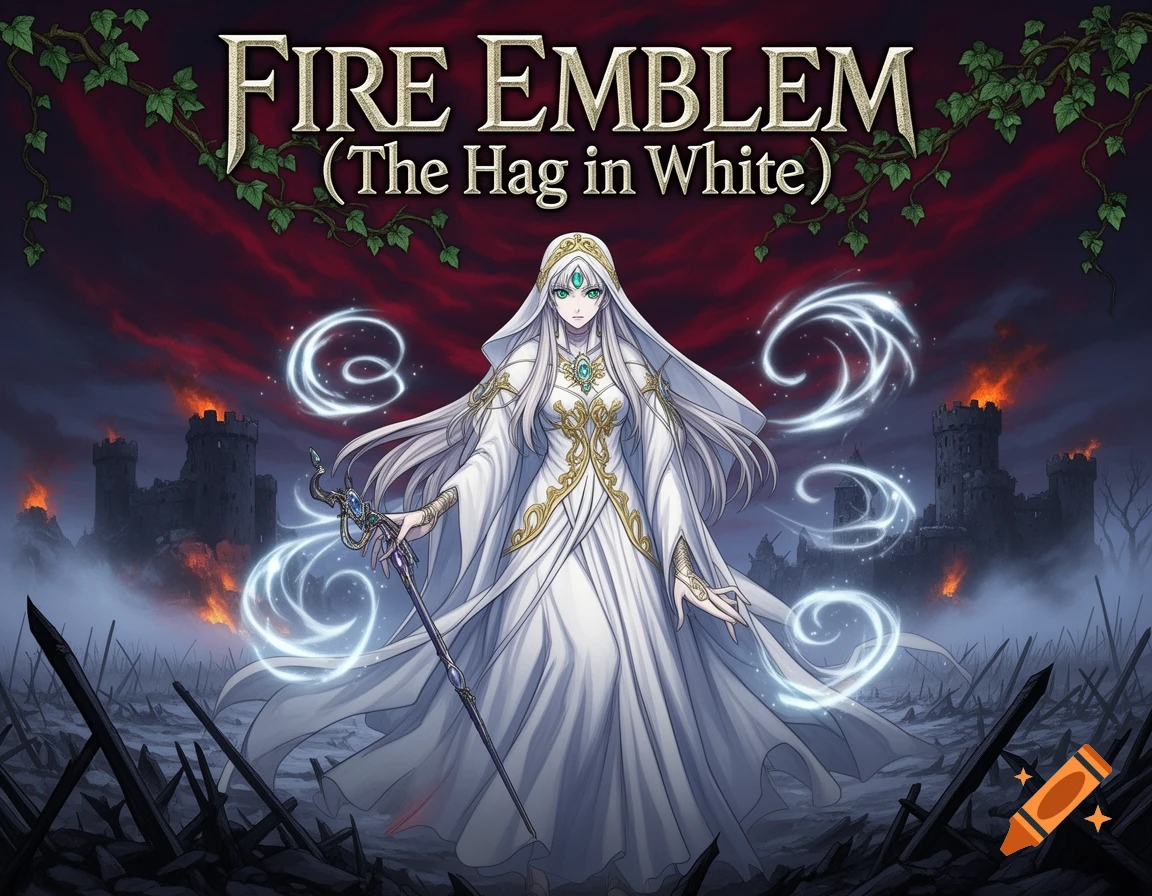 Anime style fantasy art of a white-robed woman with long white hair holding a staff, casting magic, against burning castles and a red sky. Titled 'FIRE EMBLEM (The Hag in White)'.