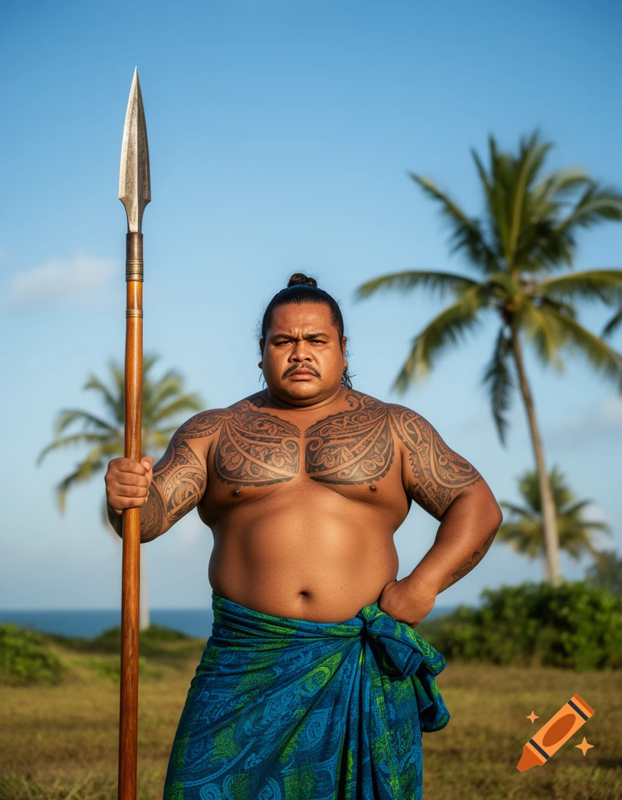 A Samoan warrior with a top knot, covered in traditional tattoos and wearing a blue and green sarong, holds a spear in a tropical outdoor setting.