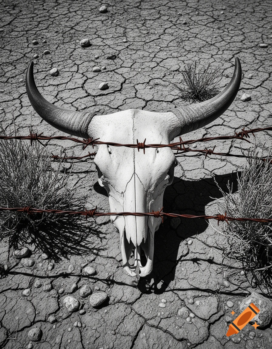 A photorealistic bull skull with rusty barbed wire across it, lying on cracked dry earth in black and white with red accents.