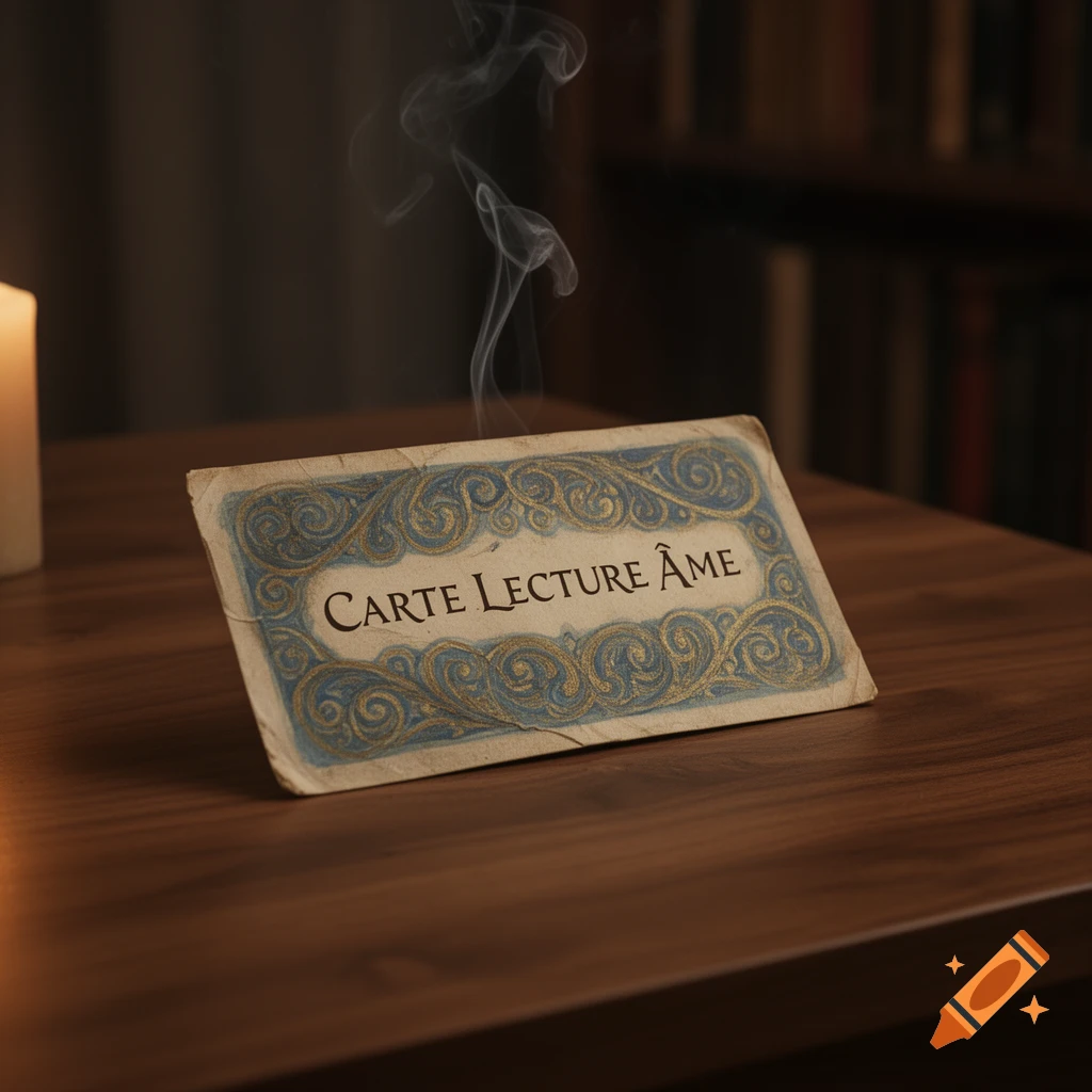 A vintage-style card with 'CARTE LECTURE ÂME' on a wooden table, with smoke rising and a blurred bookshelf background.