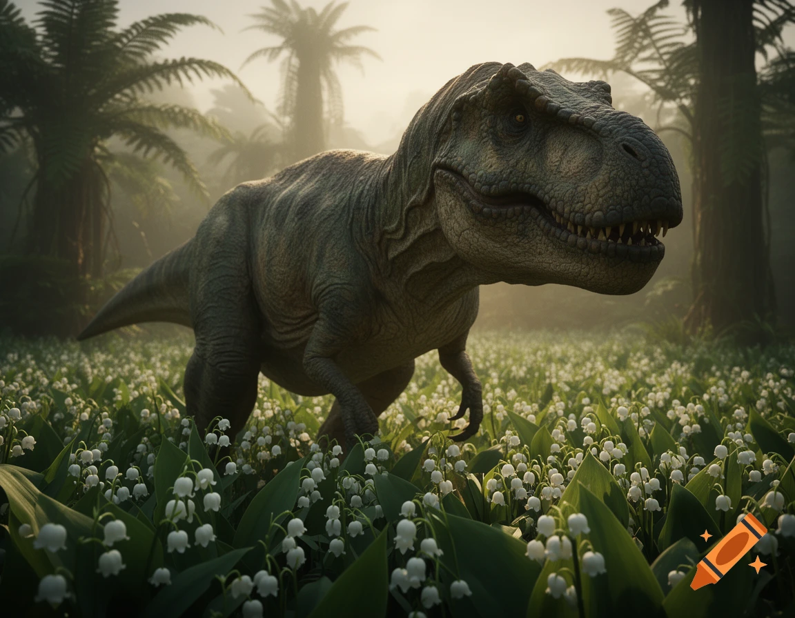 A photorealistic Tyrannosaurus Rex walks through a field of white lily of the valley flowers in a misty jungle.