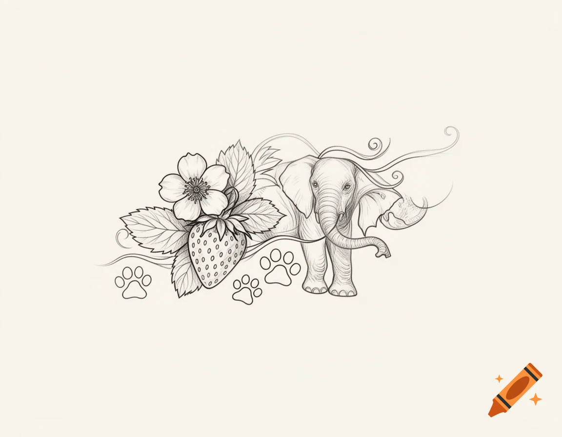 A delicate fine line drawing of an elephant, a strawberry with a flower, and paw prints, designed in a tattoo style.