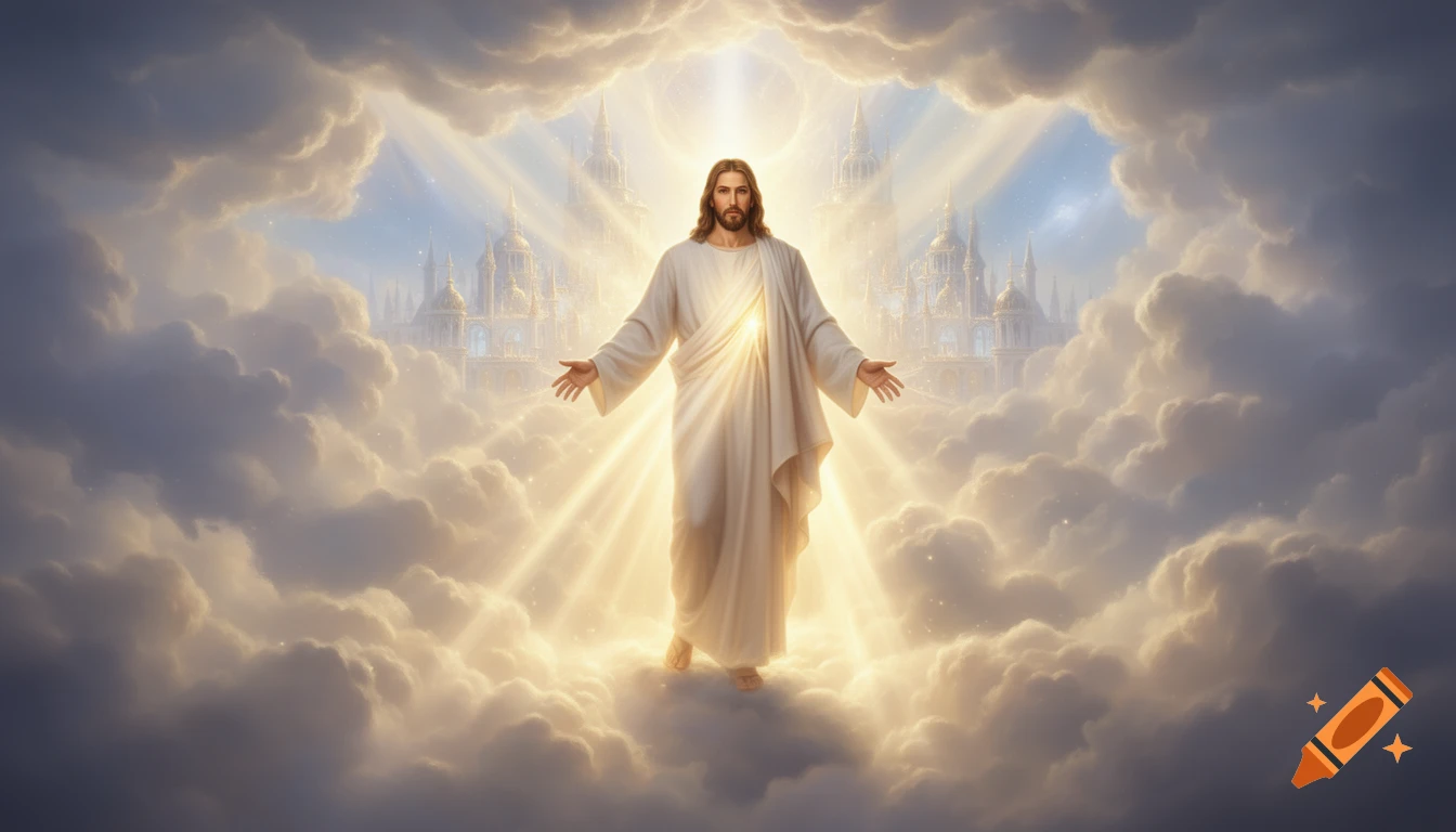 Jesus Christ stands with outstretched arms on radiant clouds, divine light beaming around him with a heavenly kingdom in the background.