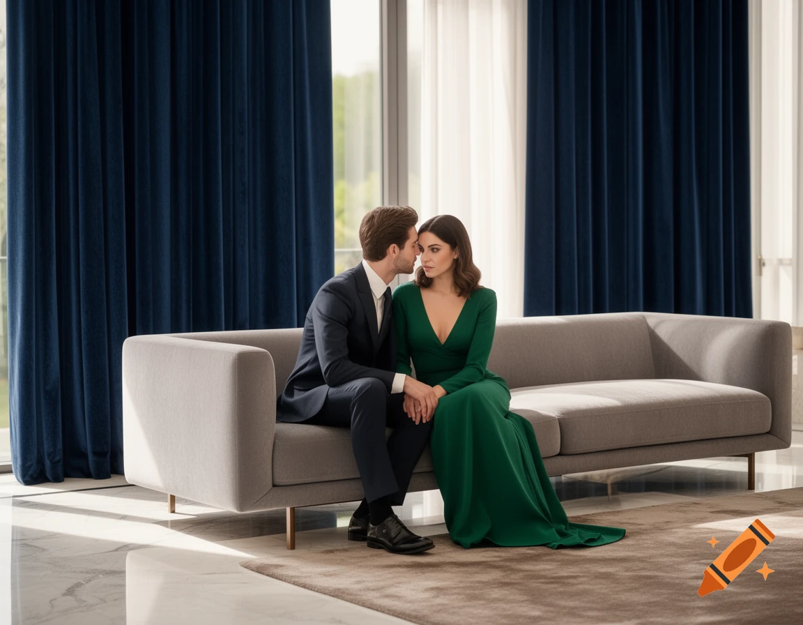 A man in a suit whispers to a woman in a long green dress on a grey sofa in a luxurious room with blue curtains.