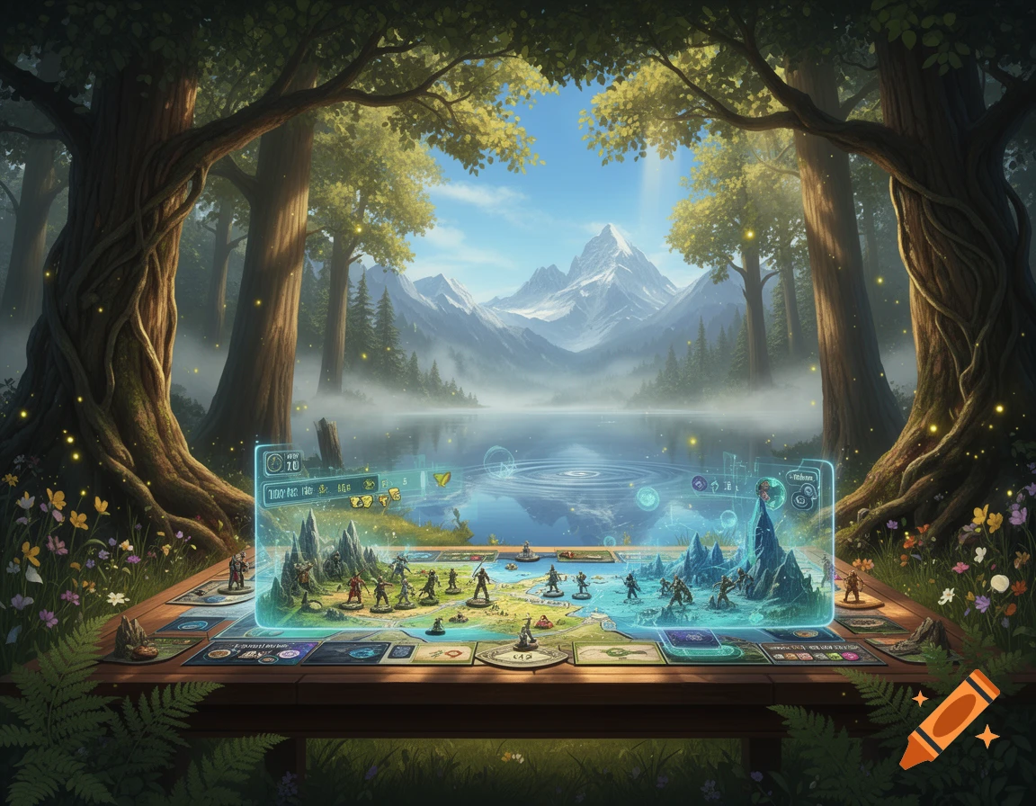 A holographic fantasy board game with miniature figures displayed on a wooden table, overlooking a mystical forest lake and snow-capped mountains.