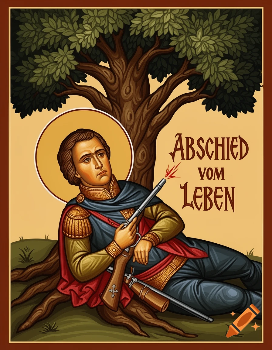 An Eastern Orthodox icon of Carl Theodor Körner, in his death hour, lying under an oak tree holding a rifle, with text 'Abschied vom Leben'.