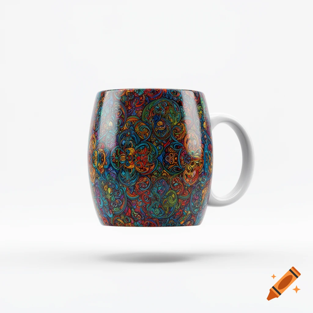 A colorful mug with a vibrant, intricate paisley-like pattern, floating against a white background.