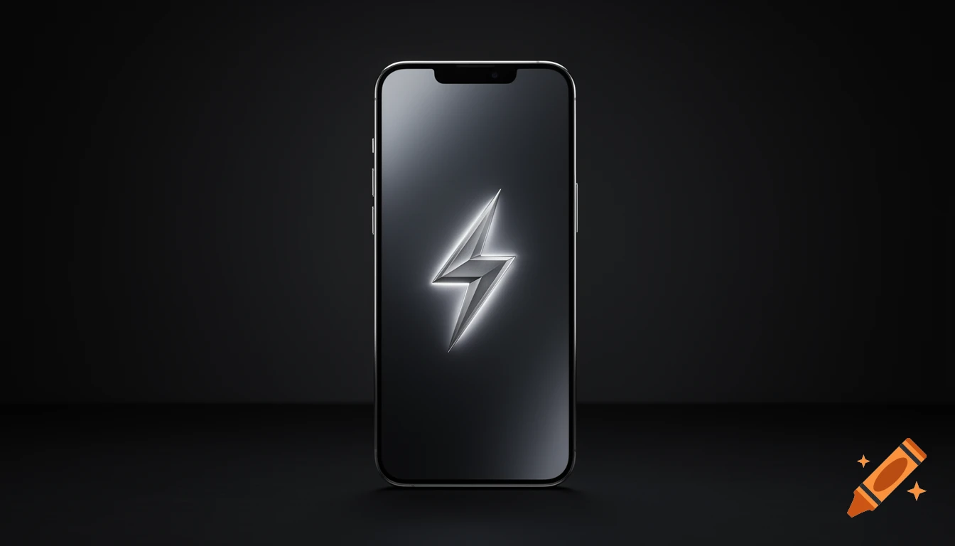 A silver smartphone with a glowing metallic lightning bolt logo on its dark screen, set against a black background.