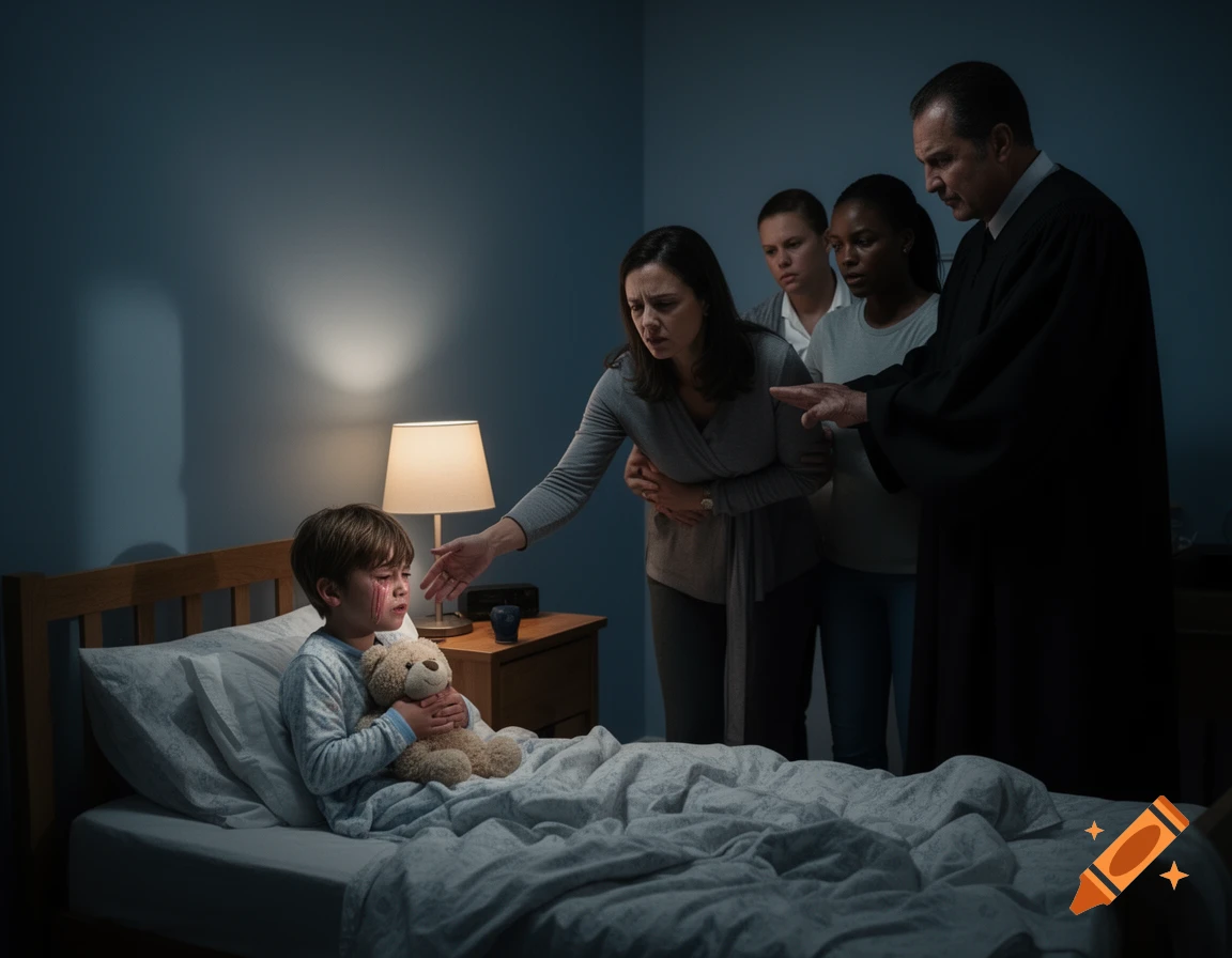 A crying child with a red mark holds a teddy bear in bed as a woman reaches out, and three adults including a robed man stand nearby in a dimly lit room.