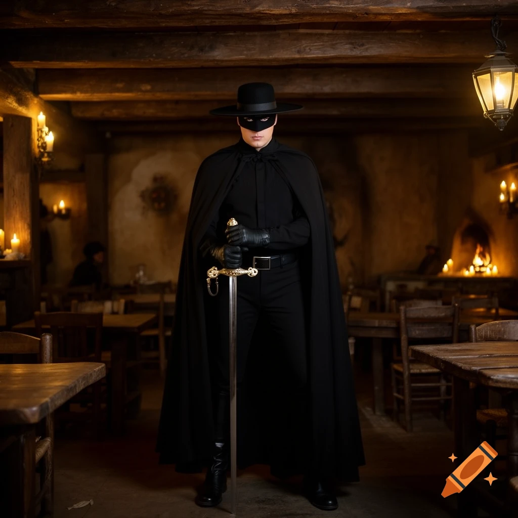 A man dressed as Zorro in a black costume, cape, and mask stands holding a sword in a dimly lit tavern.