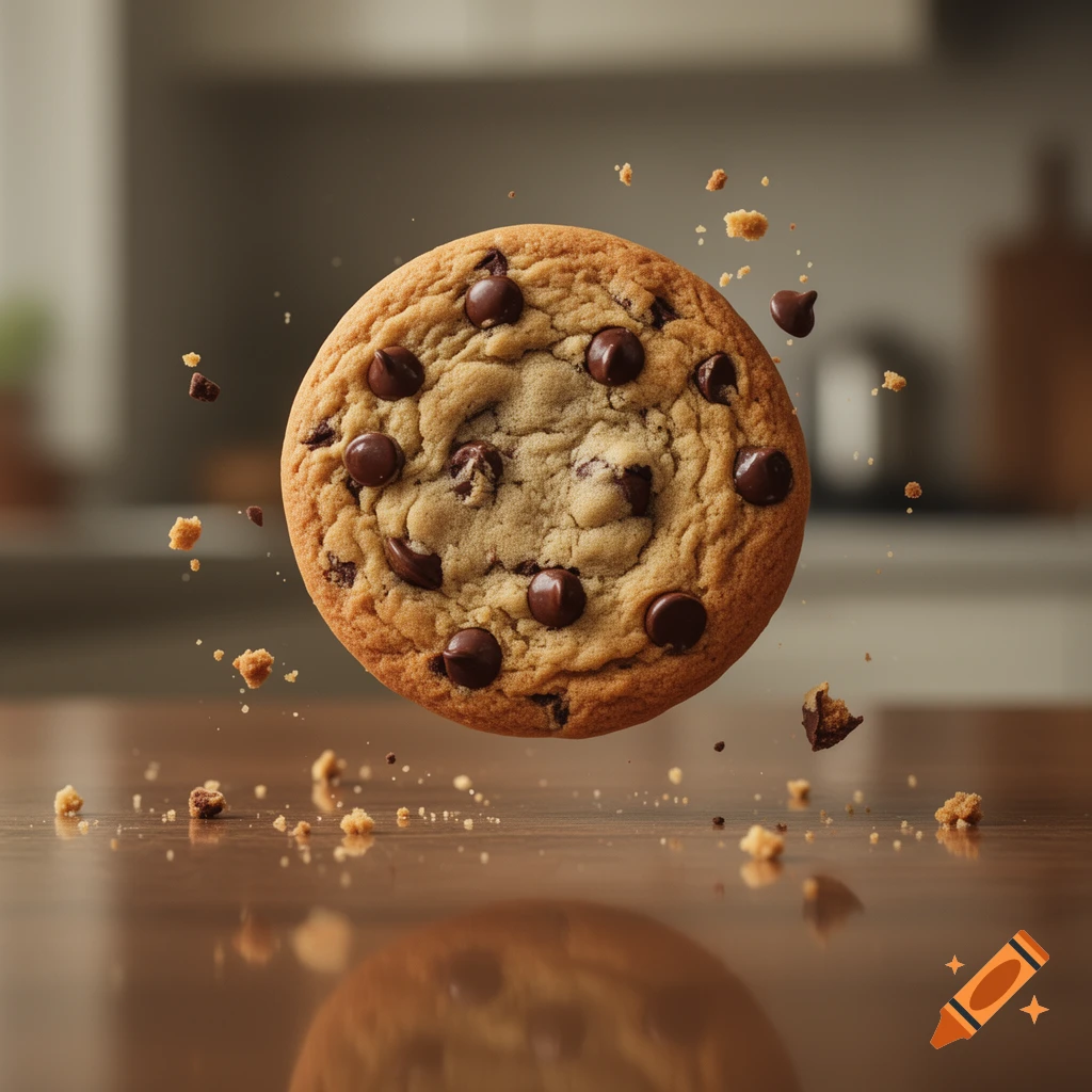A photorealistic chocolate chip cookie with crumbs suspended in the air above a wooden table.
